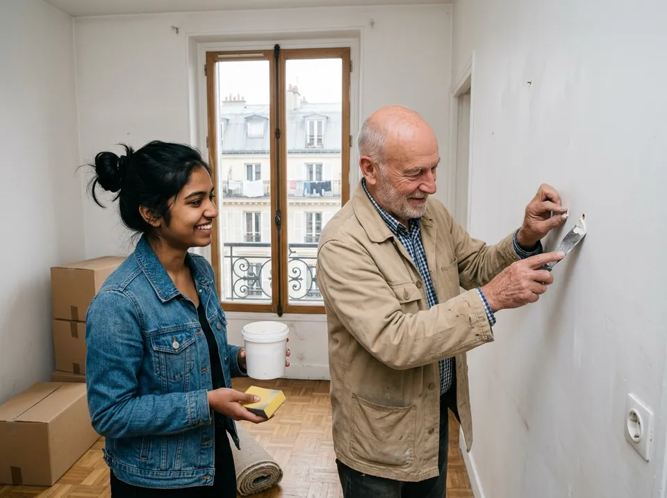 Dans un appartement presque vide, un retraité rebouche des trous dans le mur pendant qu'une étudiante tient le pot d'enduit.