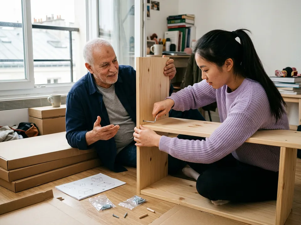 Assise par terre, une étudiante visse un meuble en kit en suivant les conseils d'un retraité.